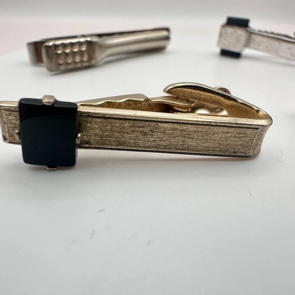 Vintage 80s Men's Tie Bar Clips Set Gold & Silver Tone Glass Stone Retro Jewelry